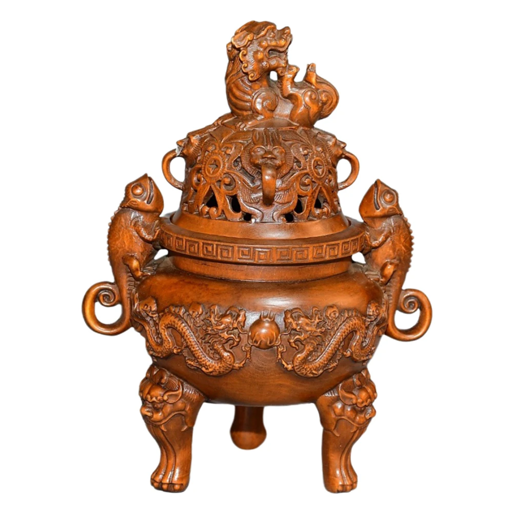 Brûleur d'encens de jeu en bois Vintage, Double perle, Dragon chinois, poignée sculptée à trois pattes, bénédiction de l'unité, vitalité, sérénité, déco