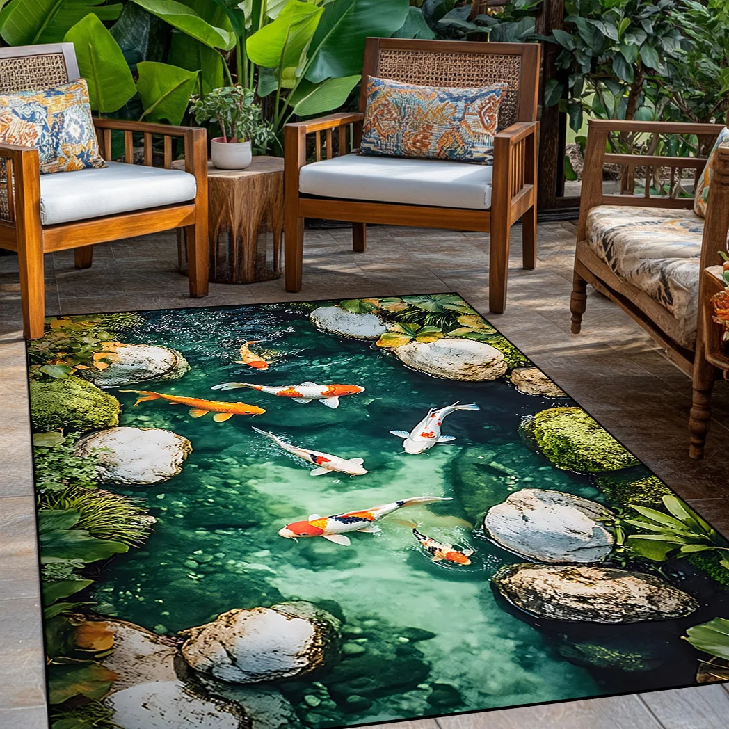 1pc 2D Flat Koi Fish Pond Green Water Stones Nature Flannel Area Rug Non Slip Zen Garden Carpet For Living Room Patio FloorDecor