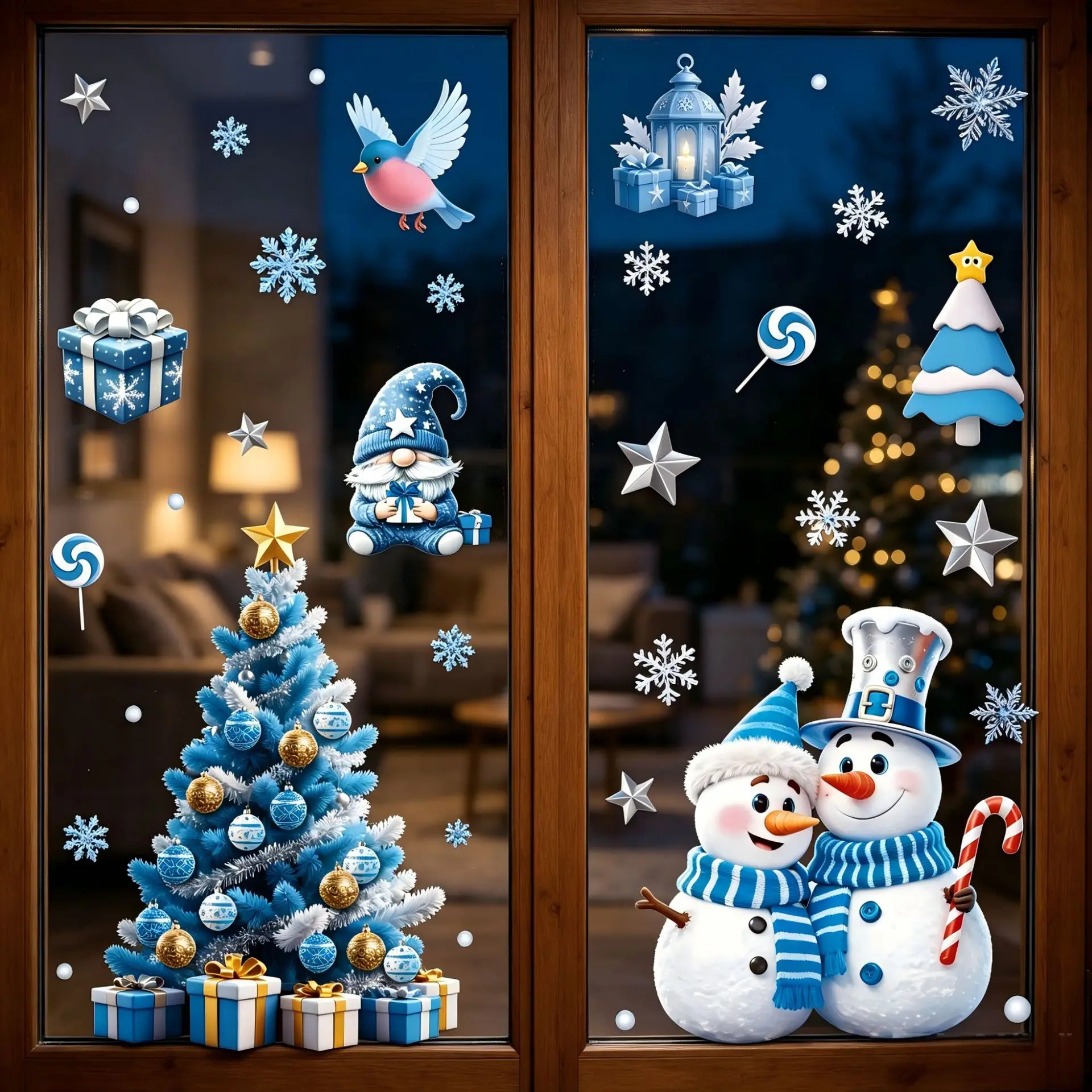 Festive Holiday Decor Accessory, Static Cling Glass Stickers Featuring Creative Snowflake Snowman Blue Christmas Tree