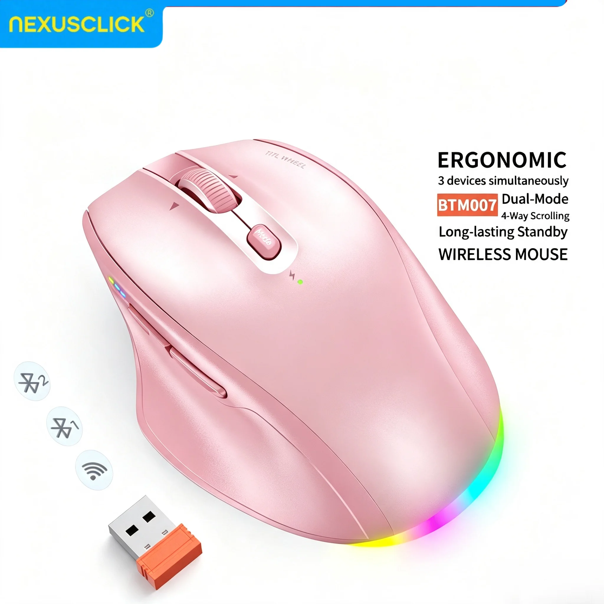 NexusClick Rechargeable Wireless Mouse,Ergonomic with Thumb Rest,Dual Mode,RGB Backlit,Silent Click,Multi-Device,for PC Office