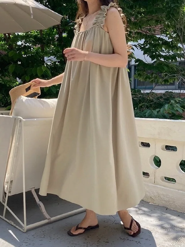 Dongda Gate No-oulder Large Skirt Length Over-knee Strap Dr Versatile Commuting Sle Svel Long Dr Square Collar