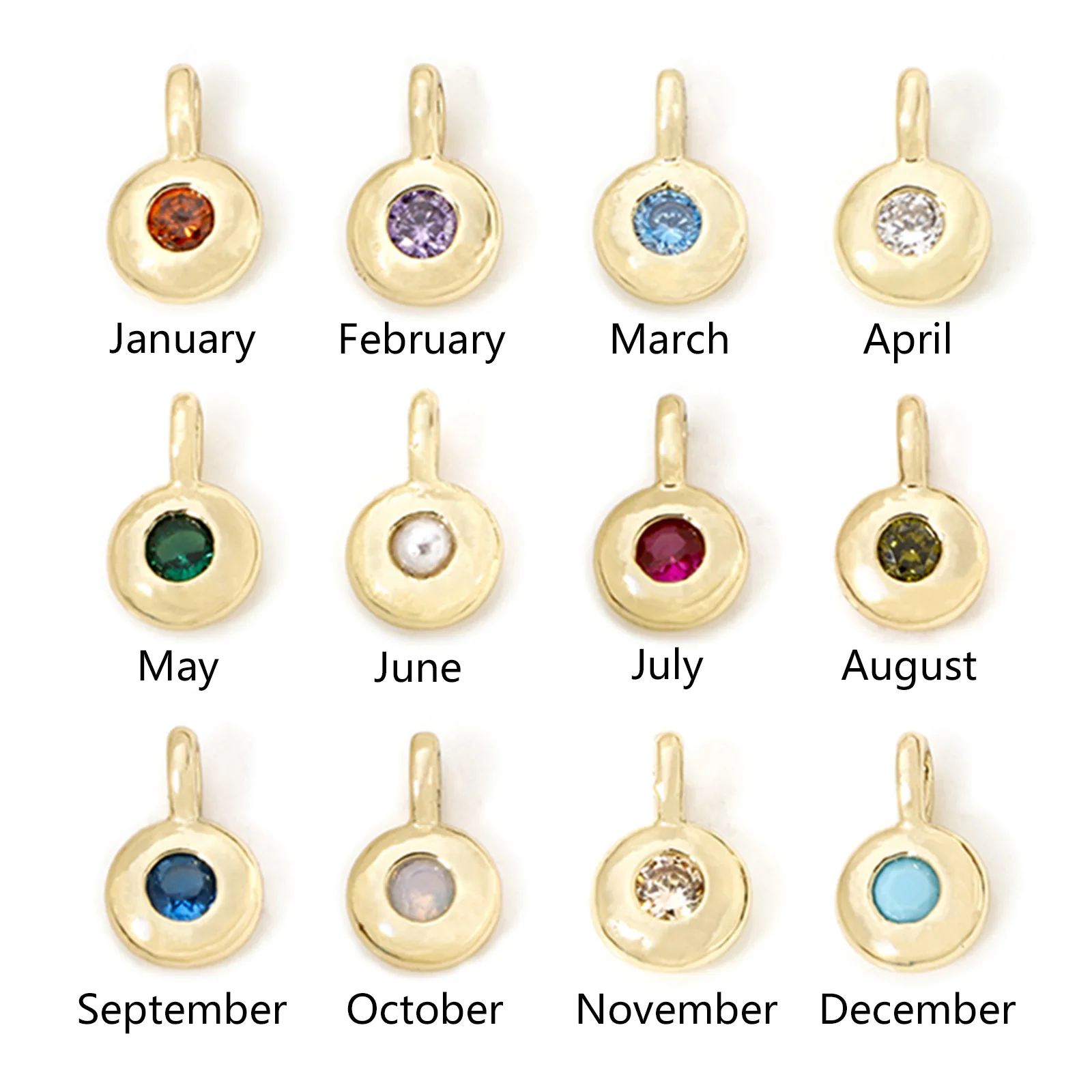 2pcs Mini Brass Birthstone Charms Gold Color Round Disc Multicolour Cubic Zirconia Pendants DIY Earrings Jewelry 8.5mm x 5.5mm
