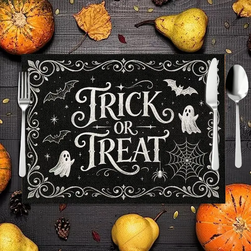 VIKAMA Trick Or Treat Halloween Placemat Ghost Spider Web Print Linen Gothic Spooky Dinner Party Table Decor