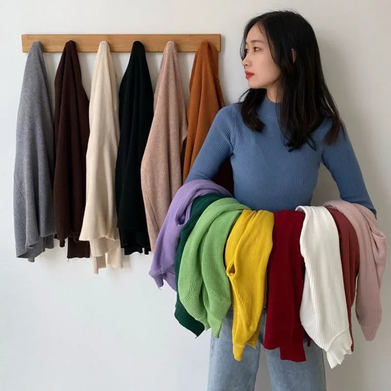 2026 Solid Base Layer Women Sweater Korean Fashion Office Lady Knitted Jumpers Autumn Winter Long Sleeve Mock Neck Pullovers
