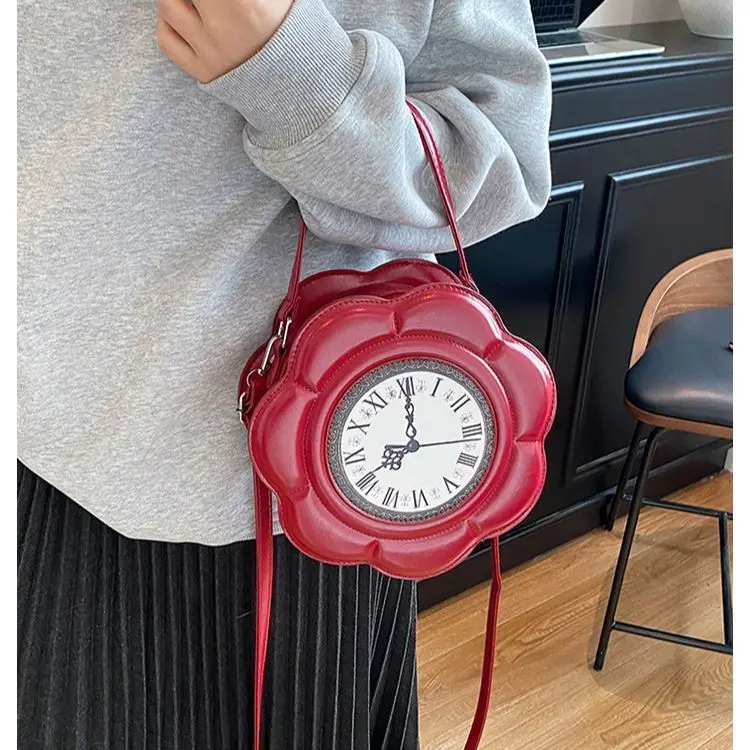 Novelty Clock Flower Shaped Purse for Women Retro Faux Leather Crossbody Bag Unique Vintage Shoulder Handbag