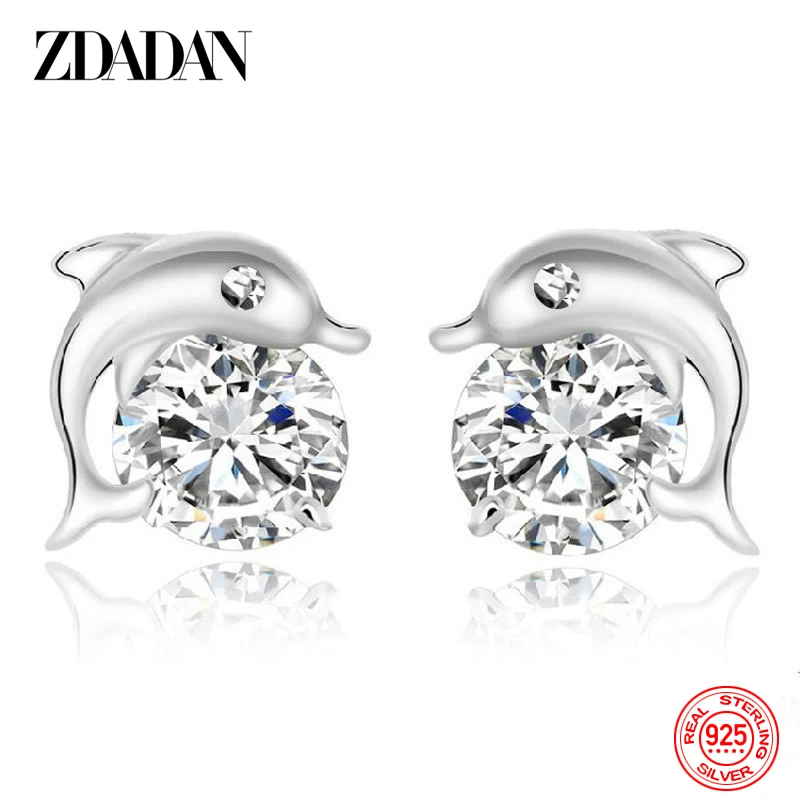 

ZDADAN 925 Silver Dolphin Zircon Small Stud Earrings For Women Charm Jewelry Party Gifts