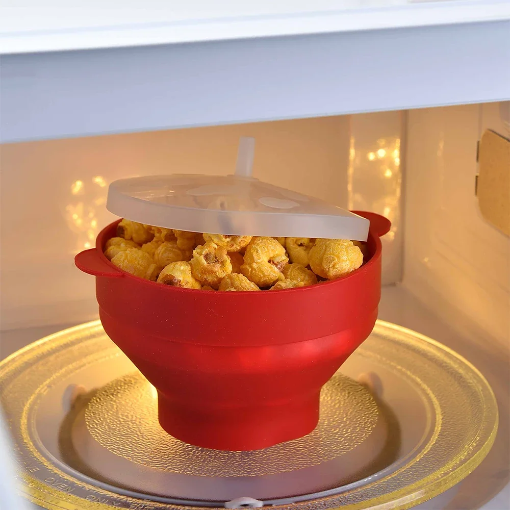 1/3Pcs Microwave Popcorn Bowl Bucket Silicone DIY Red Popcorn Maker with Lid Chips Fruit Dish High Quality Kitchen Easy Tools