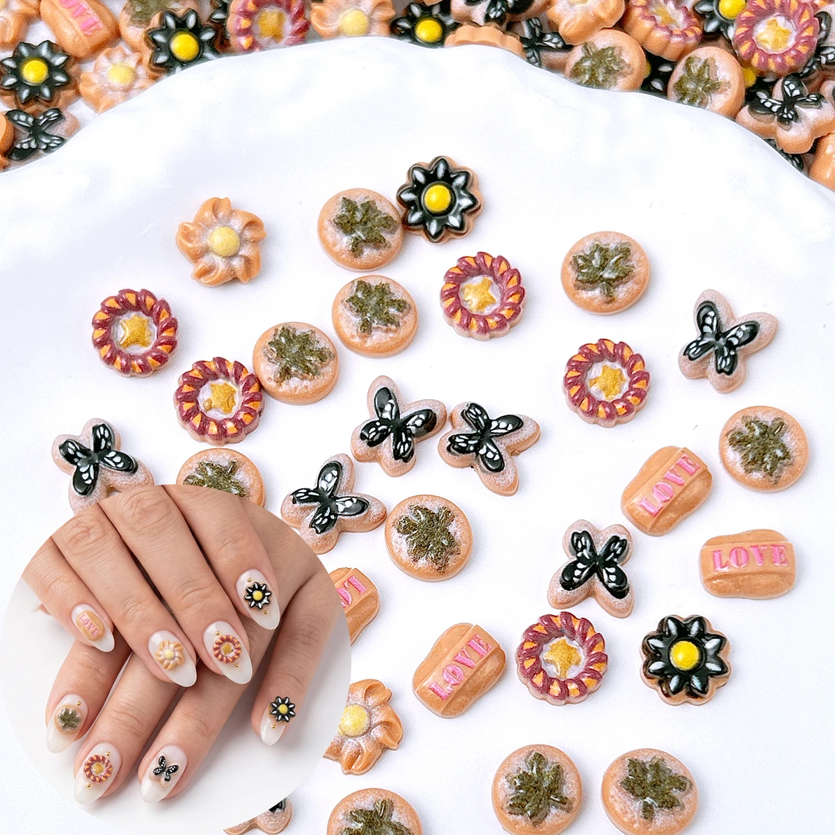 30PCS Multiple Style Simulated Butterfly Bread Nail Art Accessories 3D Novel Creative Flower Maple Leaf Resin Nail Charms DIY
