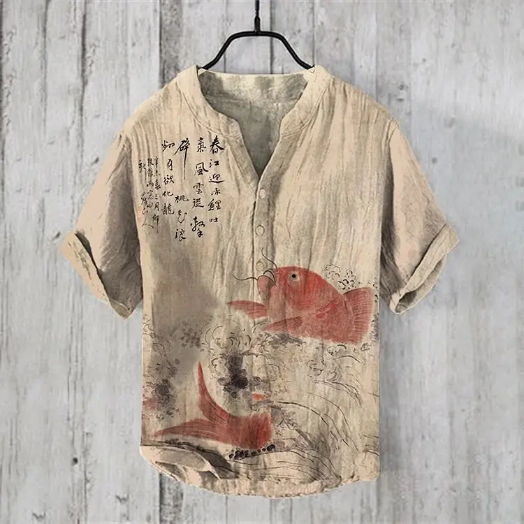 Chemise en lin à manches courtes pour hommes, col en V, imprimé animal sous-marin, style ethnique, décontracté, transfrontalier, asiatique, été, nouveau, RON