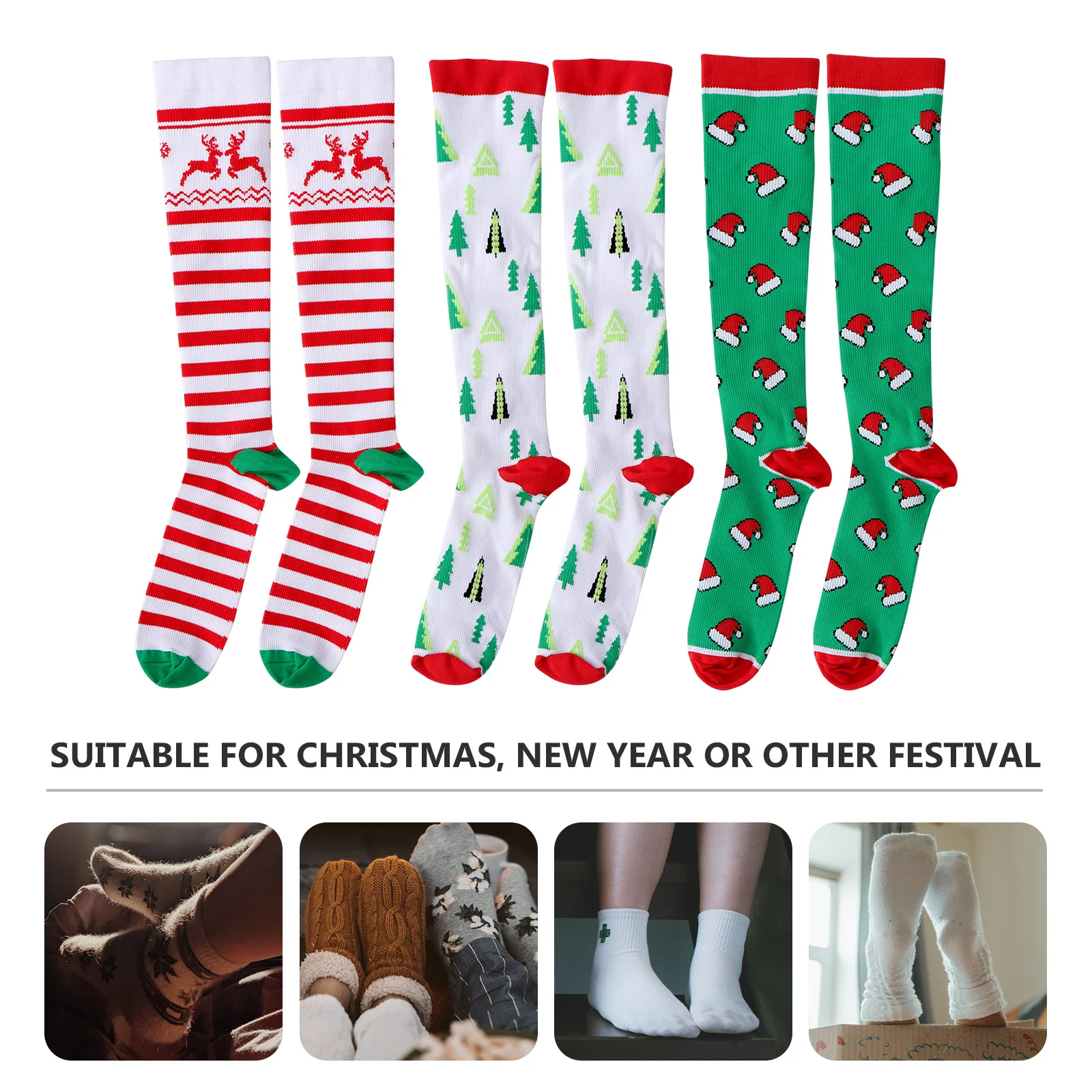 

3pcs Christmas Compression Socks Nylon Breathable Elastic Long Socks For Marathon Running Sports Support Unisex Fit Stockings
