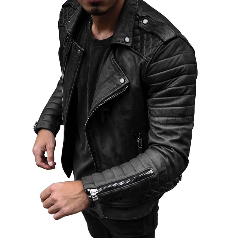 Abrigo de cuero para hombre, chaqueta ajustada con cremallera y cuello abatible, estilo Retro, para motocicleta, primavera y otoño, 2024