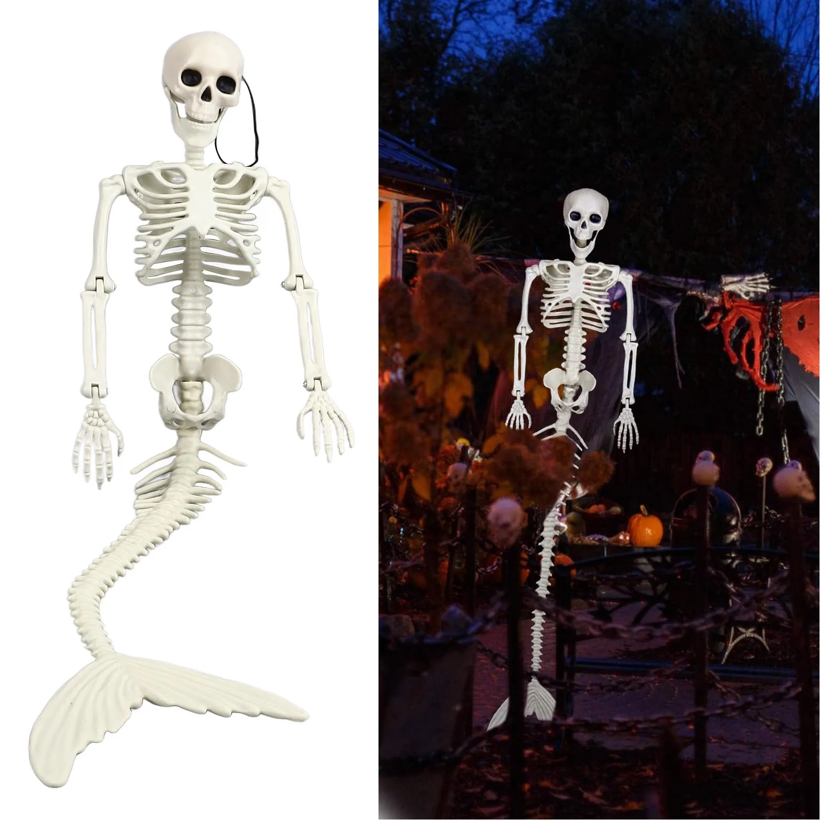 Halloween Mermaid Skeleton Skull Decor Spooky Scene Decorations Movable Posable Joints Realistic Full Body Skeleton Mermaid Prop
