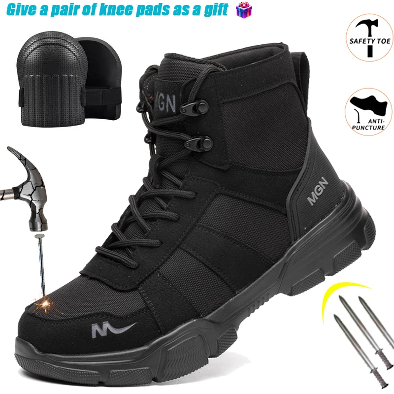 أحذية رجالية غير قابلة للتدمير من الصلب عند أصابع القدم أحذية غير قابلة للانزلاق ومضادة للثقب للتسقيف لجميع المواسم في الهواء الطلق تمنح زوجًا من وسادات الركبة كهدية