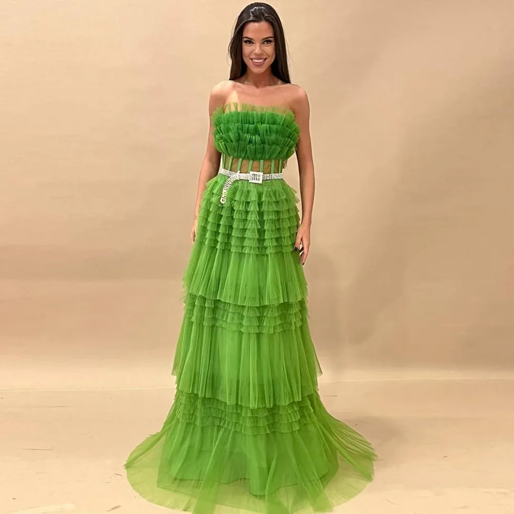 

Green Elegant Prom Maxi Dresses Vestidos de festa Tiered Strapless Tulle A Line Formal Party Dress Garden Birthday Evening Gowns