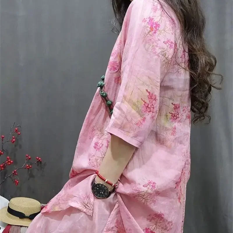 Chemisier à fleurs rose à col rond pour femmes, chemises Ramie, demi-manche, décontracté, mode estivale, niche, nouveau