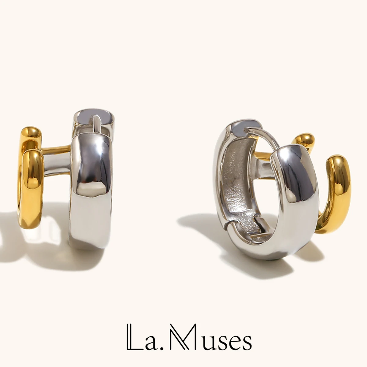 La. Muses C-shaped Cast Double-Layer Mixed Color Ear Buckle Stainless steel Women's Earrings Fashionable Exquisite Jewelry Gifts