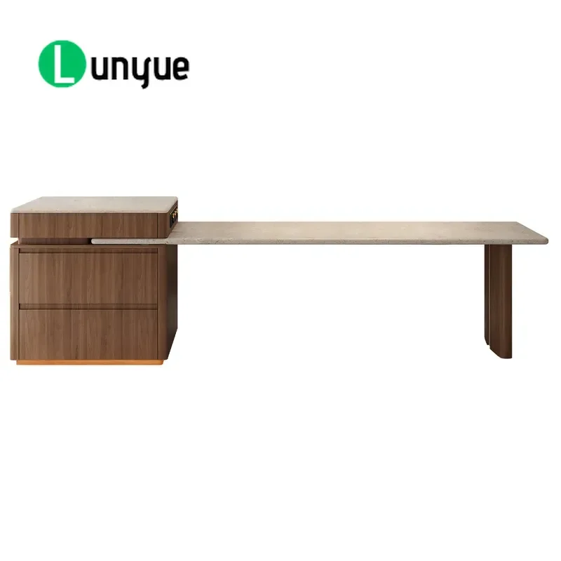 Luxury Antique Stone Island Dining Table with Retractable Walnut Finish Integrated Storage Platform for Small Apartment