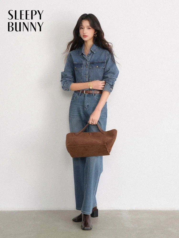 

Vintage Women Washed Denim Shirt Lady Structured Fit Long Sleeve Jean Top Retro Casual Layered Outerwear Classic Button Placket