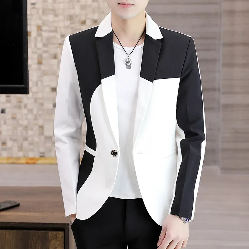 HOO 2025 Spring and Autumn Men's Color Matching blazer Youth Slim Fit Casual Trend Handsome Stitching  blazer