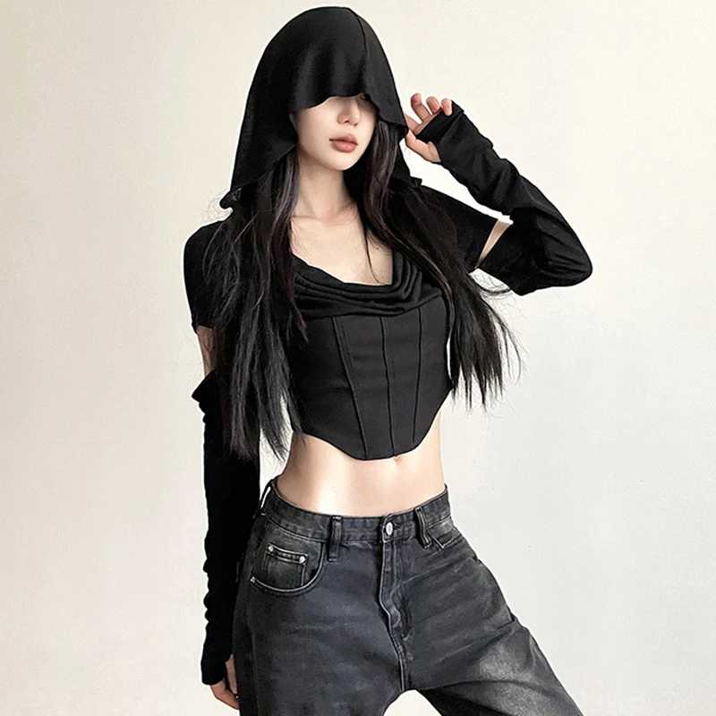 Combhasaki Y2K da donna con cappuccio Crop Top gotico con scollo ad anello Manica lunga Orlo irregolare T-shirt slim con foro per il pollice Abbigliamento da ballo jazz