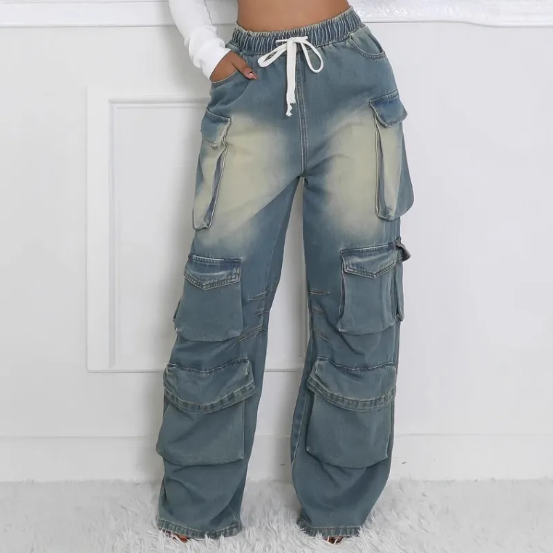 

Multi-pocket Elastic Waist Head Street Cool Denim Trousers