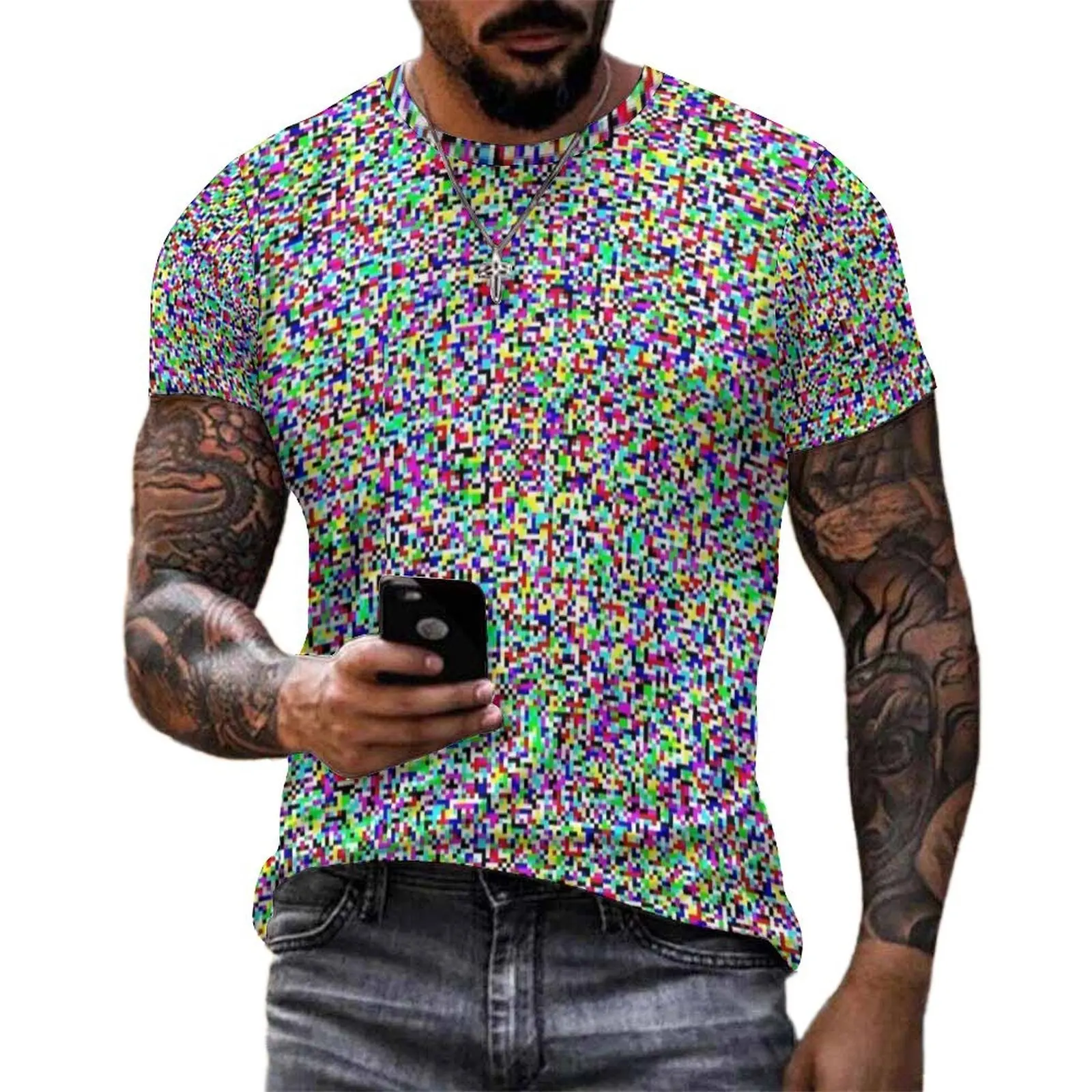 Pixel Static Noise Print T Shirt  Cool T-Shirts Couple Casual Tshirt Summer Short Sleeve Graphic Tops Plus Size 4XL 5XL