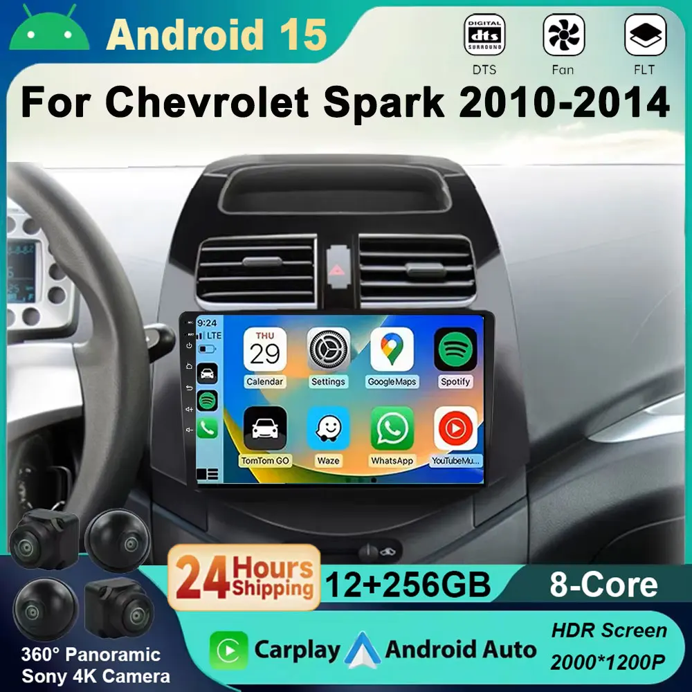 Android 15 2K QELD Wireless CarPlay Auto Car Multimedia Touch Screen For Chevrolet Spark Beat Matiz Creative 2009-2016 4G WIFI