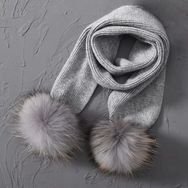 Jaxmonoy الاطفال وشاح محبوك مع الراكون الطبيعي كرة فرو الفتيات والفتيان شتاء دافئ الكشمير مزيج الأوشحة الطفل وشاح ناعم #2