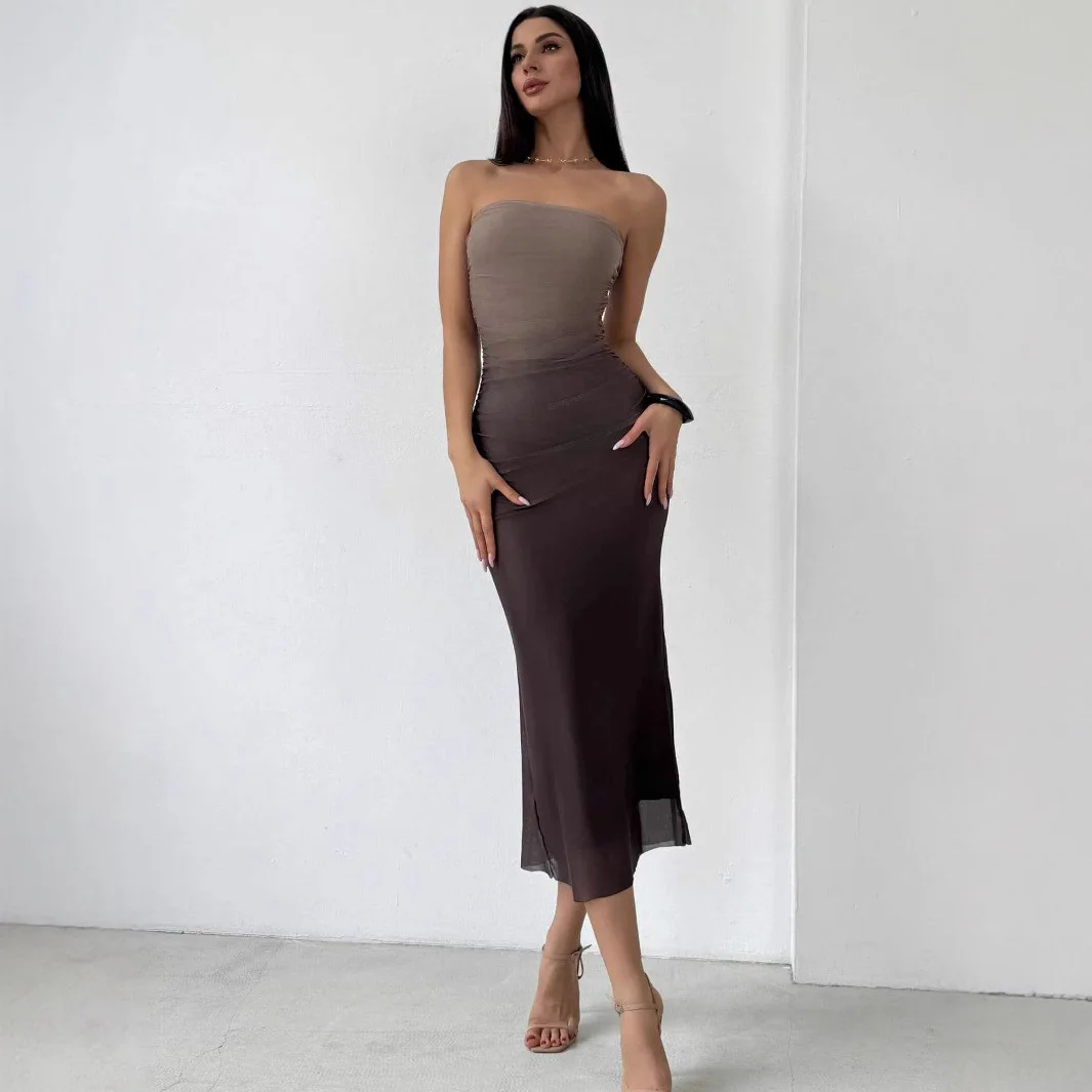 2025 Cross-border American Gradual Change Mesh Strapless Tight Dress TK Amazon Mesh Tube Top Dress Wholesale