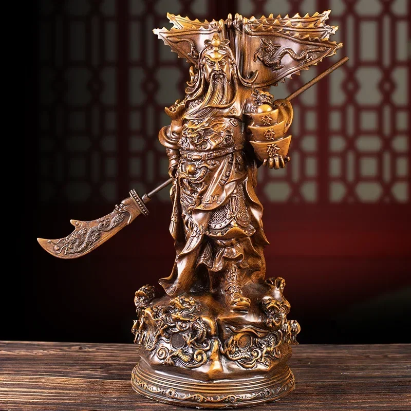 Statue of the God of Wealth, Guan Gong Kowloon，Resin Imitation wood grain God of War Guan Yu Home room loft office lucky statue