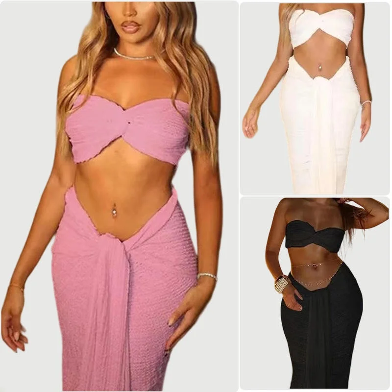 

Sexy Color Strapl Wrap Chest Belly Baring Long Dr Set for Women Mid-Year Autumn Svel Faionable Ensemble