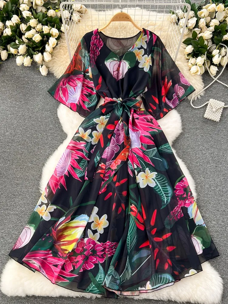 Robe longue en mousseline de soie pour femmes, robes à fleurs imprimées, robe de plage maxi, robe d'été de vacances pour femmes, nouvelle mode, été