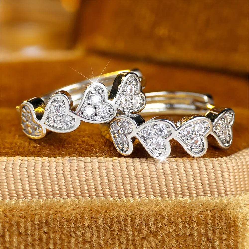 White Zircon Single Row Love Heart Hoop Earrings For Women Vintage Gold Silver Color Ear Buckle Wedding Jewelry Versatile Gifts