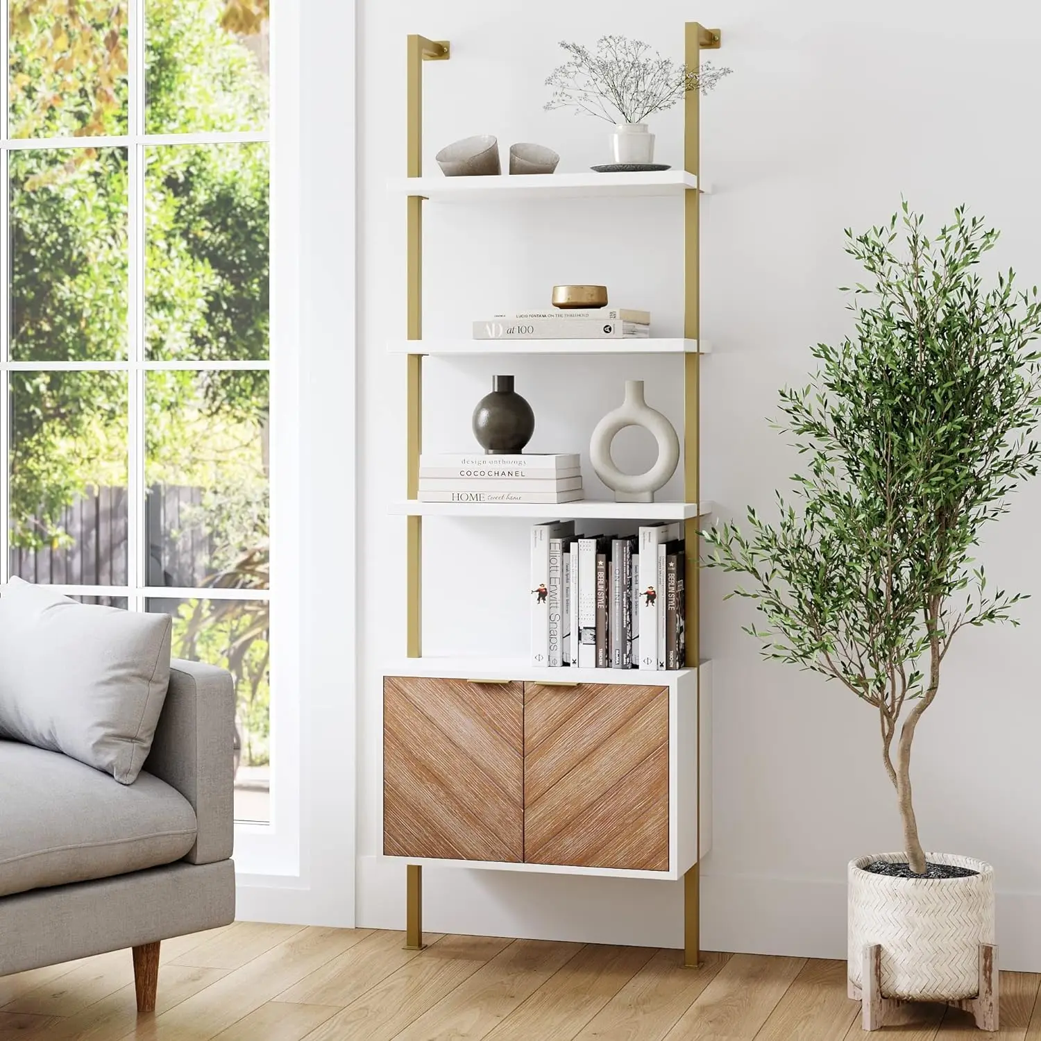 

Modern Bookcase with Cabinet with Herringbone Pattern, White Open Shelves and Brass Metal Frame Living Room