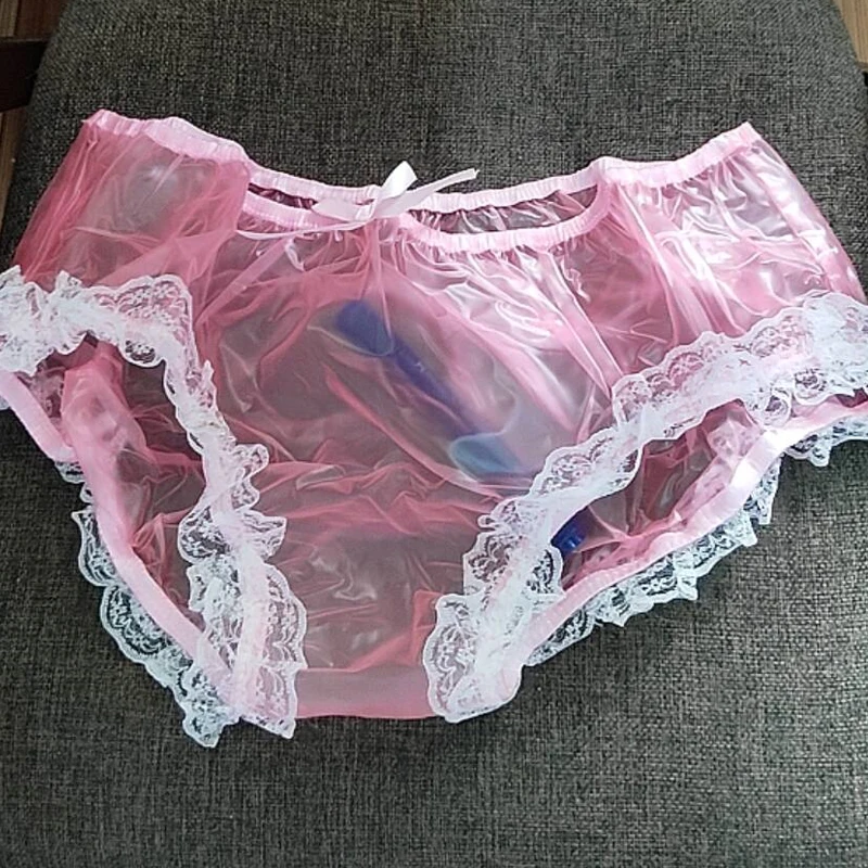 M-2XL Soft Silent PVC Plastic Briefs Women Transparent Lace Bow Sexy Panties Sissy Crossdresser Lingerie ABDL Diaper Underwear