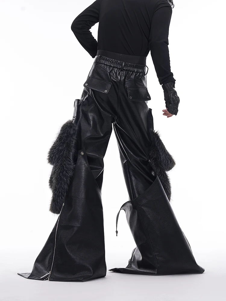 High Street Detachable Leg Structure Design Fur Splicing PU Leather Pants Men's Autumn and Winter Wide Leg Streetwear Pants