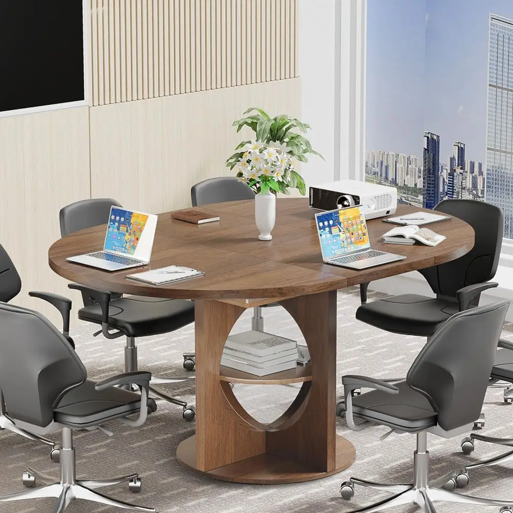 

Round Conference Table for 46, 4359 Inch Oval Meeting Room Table with Storage, Wood Walnut Circle Table with Leaf, Space Saving
