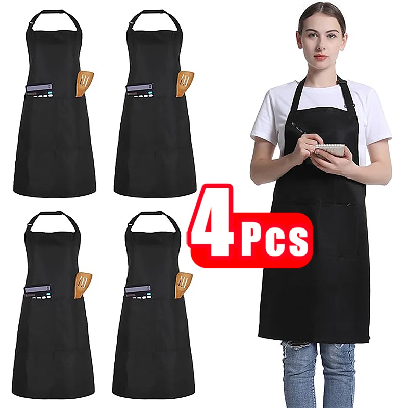 

4Pcs Black Aprons For Woman Men Chef Work Grill Restaurant Bar Shop Cafes Beauty Nails Studios Uniform Apron