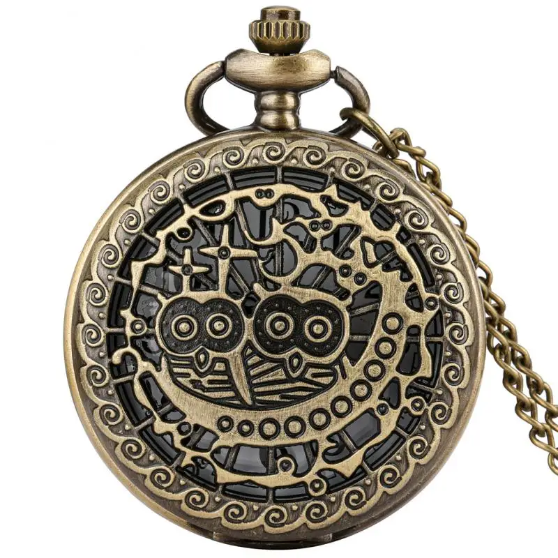 

Retro Cute Handicraft Owl Hollow Pocket Watches Necklace Pendant Quartz Necklace Sweater Pendant Chain Clock Fob Watch Best Gift