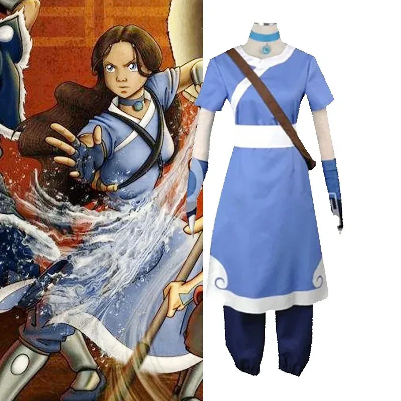 ♥ ♥ Disfraz de Cosplay de Katara, Vestido Largo Azul, Anime Avatar: La Leyenda de Aang, Disfraz de Halloween para Mujer, Conjunto de Traje 2026