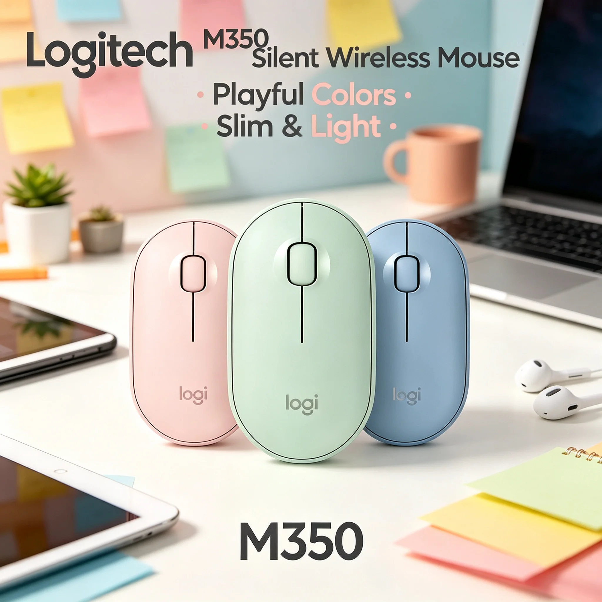 Logitech M350 Pebble 2.4G Wireless Mouse Multi Pastel Color Silent Mice For Office Use