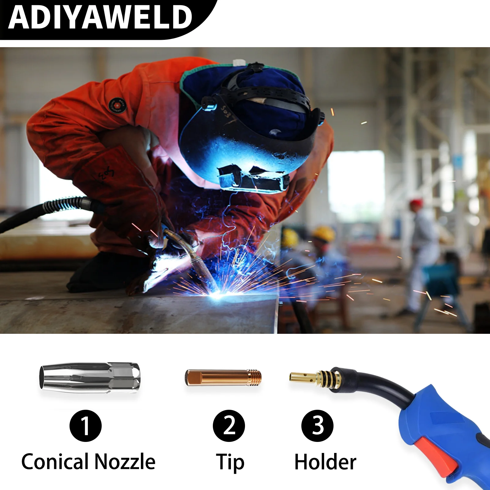 ADIYAWELD 14PCS/28PCS 15AK Welding Torch Consumables 0.8mm/1.0mm Contact Tip Gas Nozzle Tip Holder MB 14AK 15AK MIG Welding