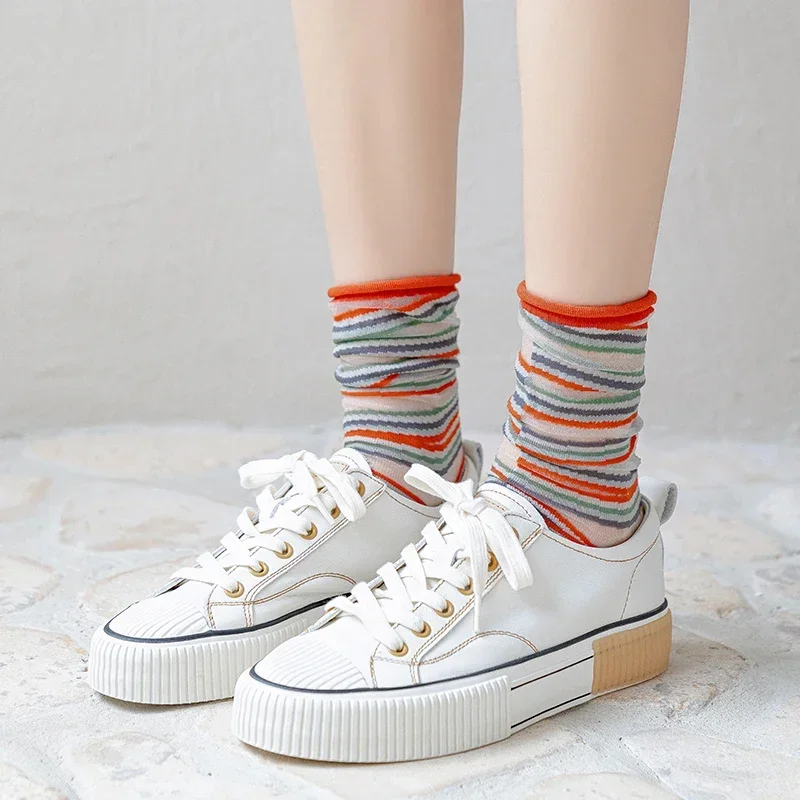 New Fashion Woman Socks Novelty Harajuku Summer Crystal Silk Socks Animal Cartoon Cute Print Ultra-thin Transparent Long Socks