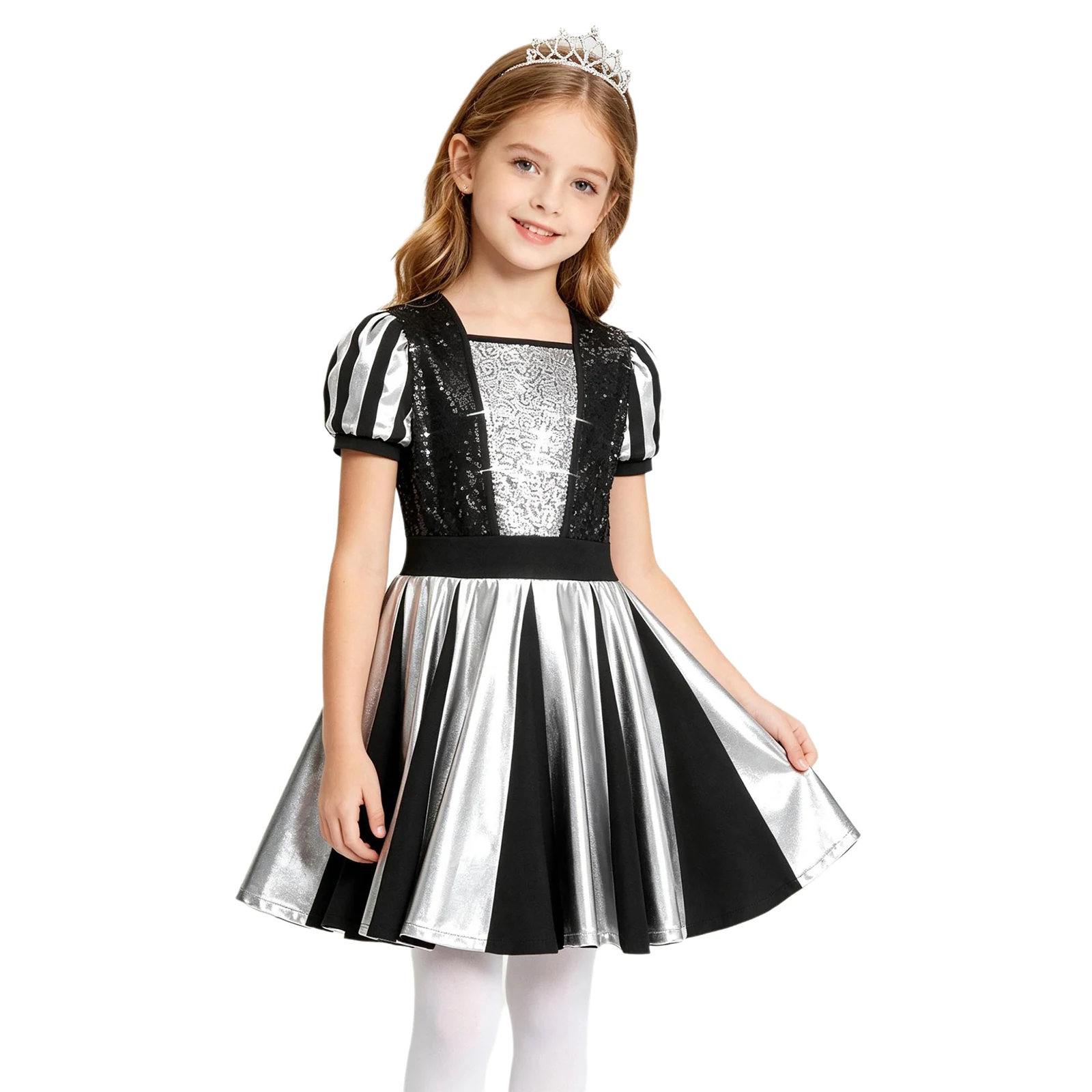 Girls Shiny Sequins Color Block Metallic Dress Musical Stage Performance Dancewear Queen Fancy Dress Kids School Show Costume