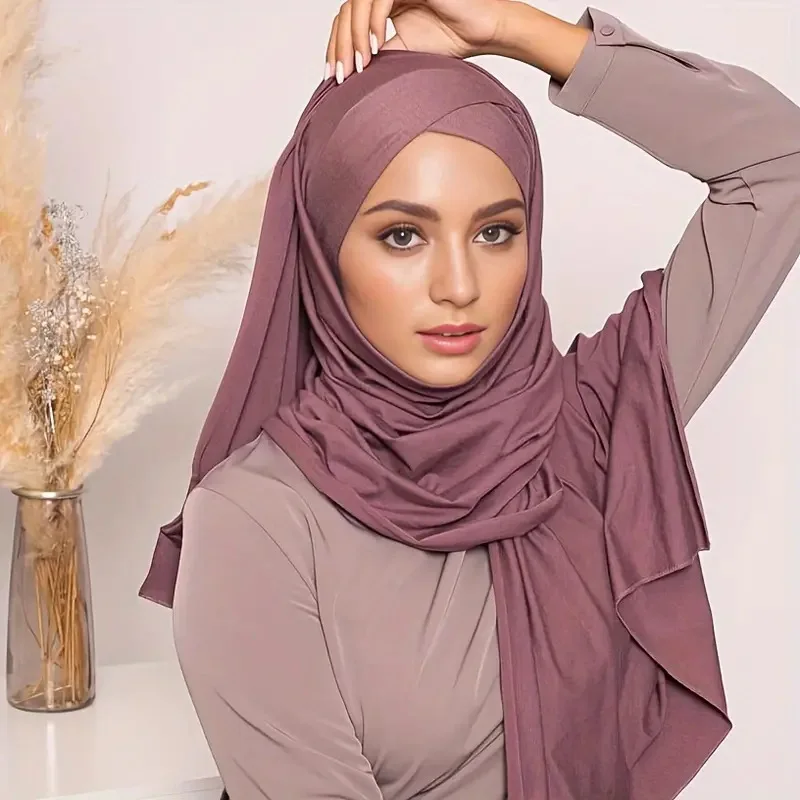 Crystal Hemp Crossed Forehead Women's Hijab Solid Color Muslim Ladies Turban Soft Elastic Headscarf Head Cap Integrated Scarf