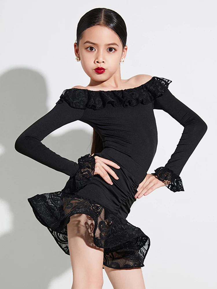 Kids Latin Dance Dress Set Black Lace Long Sleeves Dress Girls Performance Costume Cha Cha Rumba Competition Clothing DNV17851