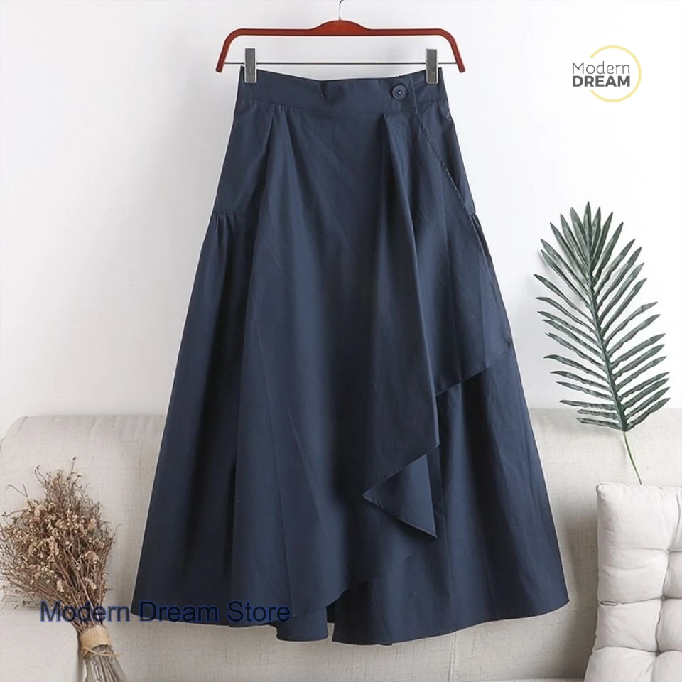 French solid color irregular pleated skirt women's spring new high-grade fashion long casual Joker skirt high waist A-line skirt