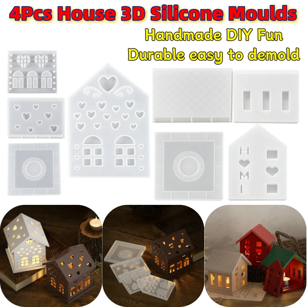 4Pcs DIY Fun House Silicone Casting Moulds Durable Front/Side/Roof/Base House Shaped Candlestick Silicone Mould for Home Decor