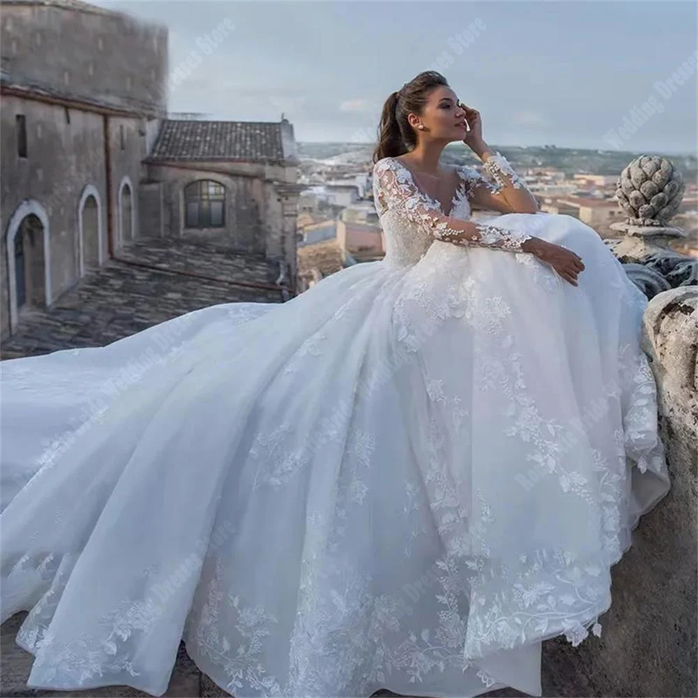 Vestidos De novia De manga larga para mujer, De tul De línea a Vestidos De novia, estilo De celebridad elegante, longitud De trapeado, Vestidos De princesa