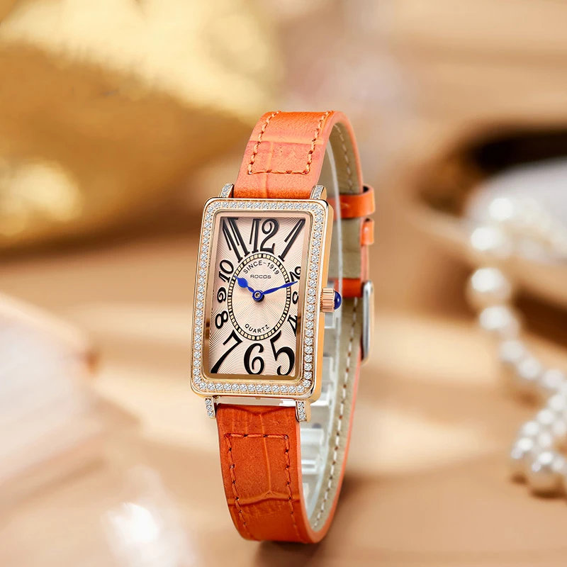 ROCOS Women's Rectangular Watch with White Stone Inlays, Numeric Hour Markers, and Orange-Textured Strap,Women's Gift